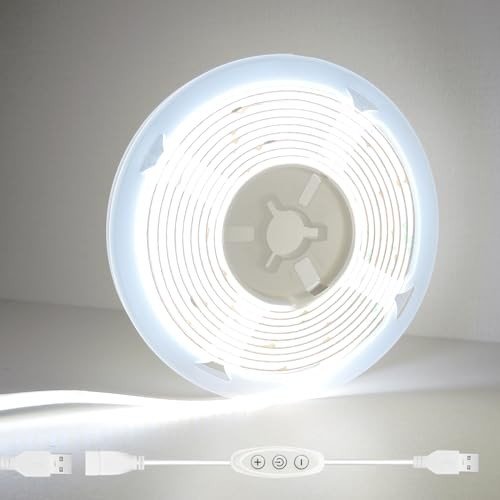 GXILEE 5v COB Led Strip Lights USB Powered 6000k Cool White CRI92+ 6ft Led Light Strip with Dimmer, 10W/2meter Flexible & Dimmable COB Light Strip for Bedroom Cabinet DIY Lighting