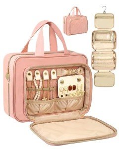 Stylish Pink Travel Toiletry Bag with Jewelry Compartment