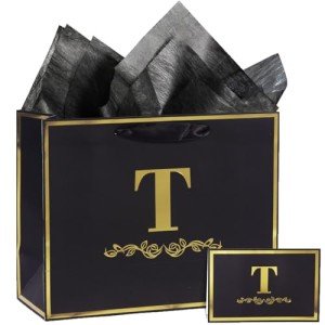 Personalized Black Gold Birthday Gift Bag - Letter T