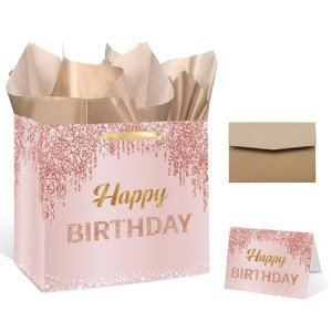 Pink Rose Gold Birthday Gift Bag & Card Set
