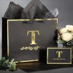 Personalized Black Gold Birthday Gift Bag - Letter T