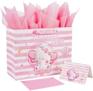 Large Pink Elephant Baby Gift Bag with Card