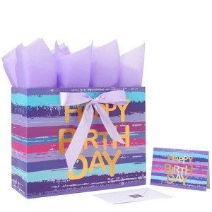 Large Purple-Blue Watercolor Birthday Gift Bag Set