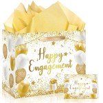 White and Gold Engagement Gift Bags with Tissue