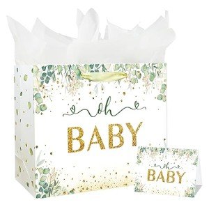 Large Sage Green Baby Gift Bag with Accessories
