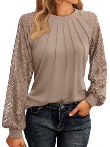 Women’s Lace Long Sleeve Casual Top - Khaki