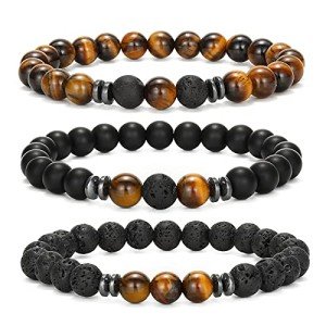 Men's Beaded Bracelet with Lava & Tiger Eye