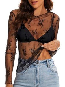 Black Lace Long Sleeve Sheer Women's Top