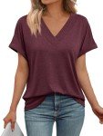 Trendy Women's V-Neck Summer T-Shirt in Wine Red