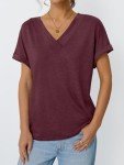 Trendy Women's V-Neck Summer T-Shirt in Wine Red