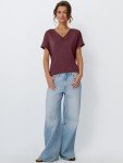 Trendy Women's V-Neck Summer T-Shirt in Wine Red