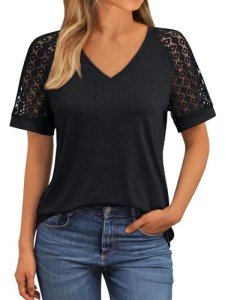 Women's V-Neck Lace Short Sleeve Top - Black