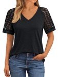 Women's V-Neck Lace Short Sleeve Top - Black