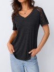 Women's V-Neck Lace Short Sleeve Top - Black