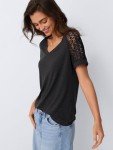 Women's V-Neck Lace Short Sleeve Top - Black