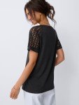 Women's V-Neck Lace Short Sleeve Top - Black