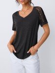 Women's V-Neck Lace Short Sleeve Top - Black