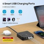 Flat Plug Power Strip with USB Ports, 5ft