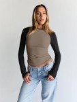 Chic Long Sleeve Color Block Tee for Teens