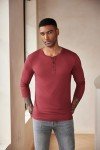 Men's Long Sleeve Henley Tee - Wine Red