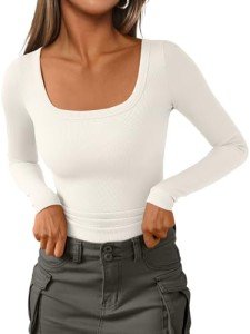 Womens Long Sleeve Square Neck Ribbed Top