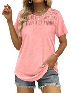 Women's Casual Coral Pleated Crewneck T-Shirt