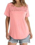 Women's Casual Coral Pleated Crewneck T-Shirt