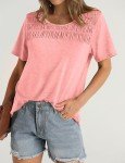 Women's Casual Coral Pleated Crewneck T-Shirt