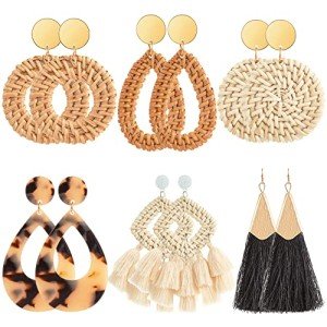 6 Pairs Lightweight Rattan Hoop Earrings for Summer