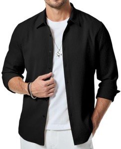 Men's Black Long Sleeve Waffle Button-Up Shirt