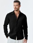 Men's Black Long Sleeve Waffle Button-Up Shirt