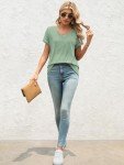 Green Short Sleeve V-Neck T-Shirt for Women