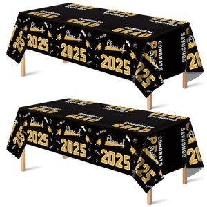 Black and Gold Graduation Tablecloths - 2 Pack