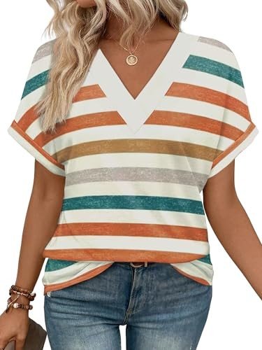 Trendy Short Sleeve Orange Striped Shirt for Women
