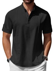 Men's Casual Black Henley T-Shirt for Summer