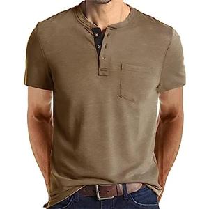 Mens Short Sleeve Cotton Henley Shirt with Pocket