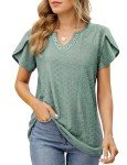 Buauty Womens Summer Trendy Top Casual V Neck Short Sleeve Petal Sleeve Pleated Shirts Blouses Fashion Clothes 2024 Green