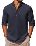 Men's Casual Band Collar Henley Shirt - Navy Blue