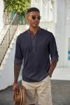 Men's Casual Band Collar Henley Shirt - Navy Blue