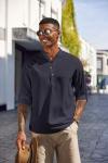 Men's Casual Band Collar Henley Shirt - Navy Blue