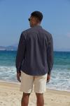 Men's Casual Band Collar Henley Shirt - Navy Blue