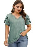 Buauty Womens Summer Trendy Top Casual V Neck Short Sleeve Petal Sleeve Pleated Shirts Blouses Fashion Clothes 2024 Green