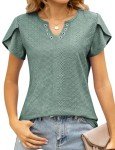 Buauty Womens Summer Trendy Top Casual V Neck Short Sleeve Petal Sleeve Pleated Shirts Blouses Fashion Clothes 2024 Green