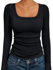 Long Sleeve Ribbed Knit Tees for Women
