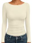 Trendy Women's Boat Neck Long Sleeve Tee - Apricot