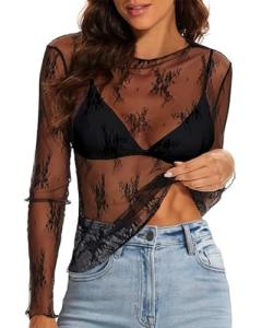 Black Lace Long Sleeve Sheer Women's Top