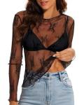 Black Lace Long Sleeve Sheer Women's Top