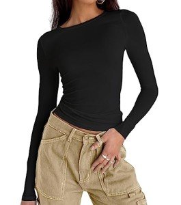Women's Slim Fit Long Sleeve Crop Top - Black