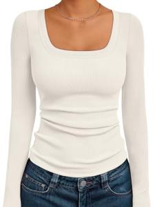Womens Long Sleeve Square Neck Ribbed Top