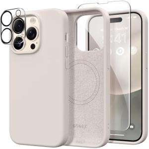 GONEZ for iPhone 14 Pro Case, Compatible with Magsafe, with 2X Screen Protector + 2X Camera Lens Protector, Soft Anti-Scratch Microfiber Lining, Shockproof Liquid Silicone Phone Cover, Stone
